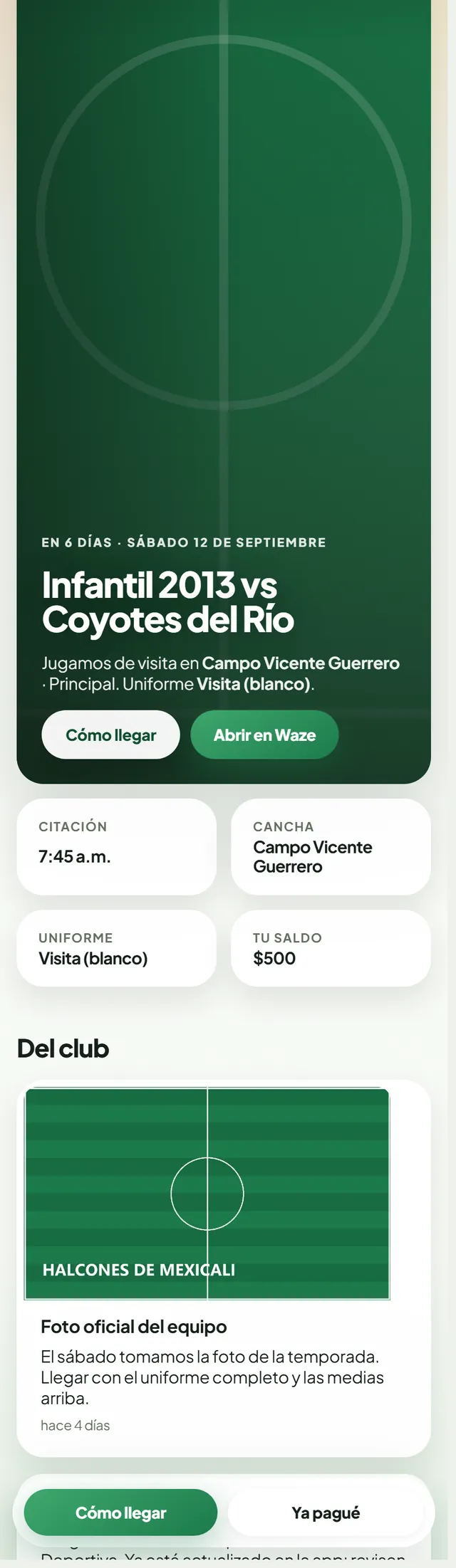 La alineación como la ve el papá en su teléfono, con su hijo marcado en dorado