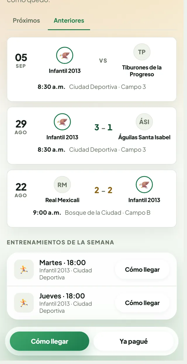 La pestaña Anteriores en el teléfono, con el marcador de cada partido jugado