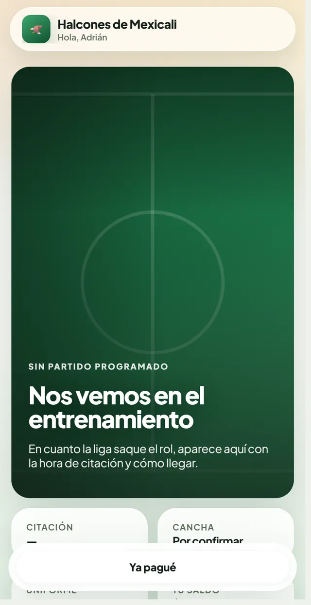 Pantalla de la familia: el próximo partido en grande con la hora de citación y los botones de cómo llegar