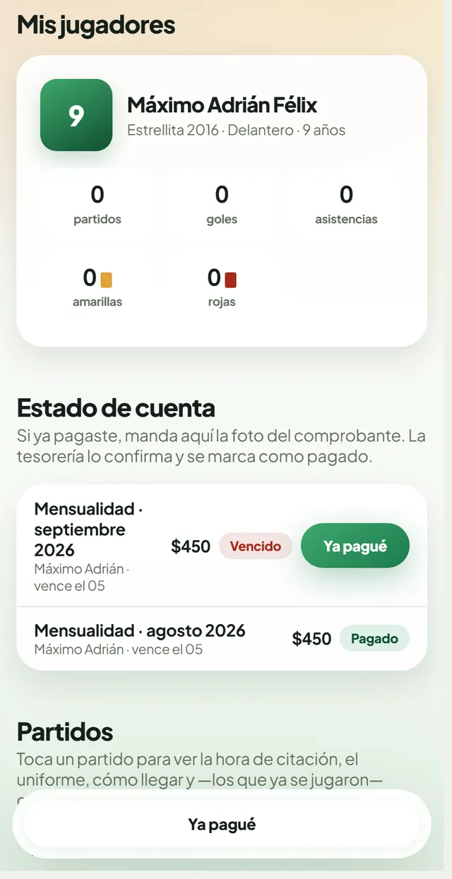 Pantalla de la familia: estado de cuenta con el botón Ya pagué y lo que viene
