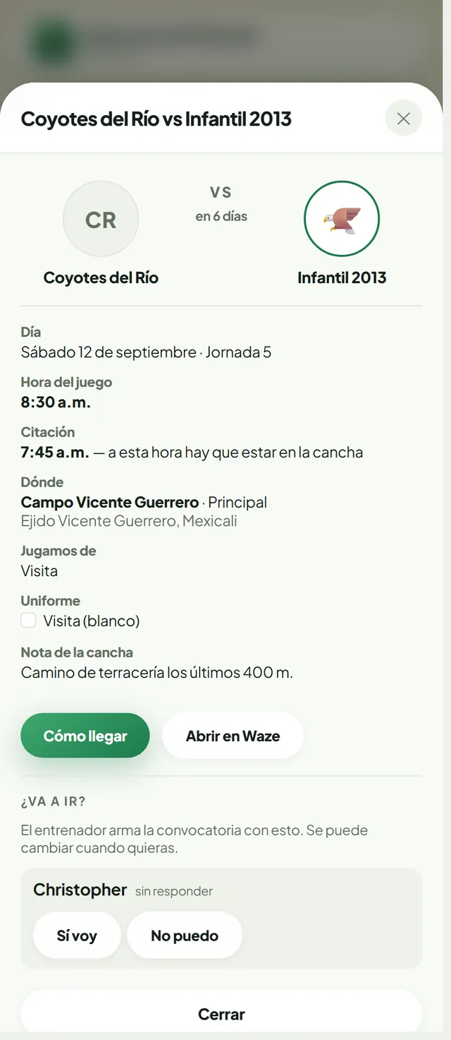 La ventana del partido en el teléfono: hora del juego, citación, cancha con dirección, uniforme, botones de cómo llegar y los botones de sí voy / no puedo
