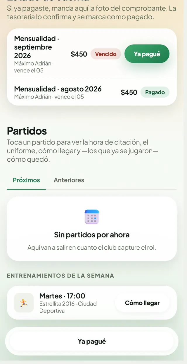 Pantalla de la familia: la lista de partidos con la fecha, los escudos y el VS, y las pestañas Próximos y Anteriores