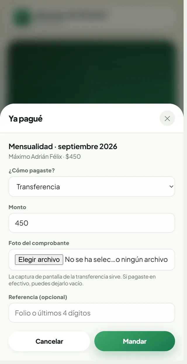 Ventana Ya pagué en el teléfono: cómo pagaste, monto, foto del comprobante y referencia