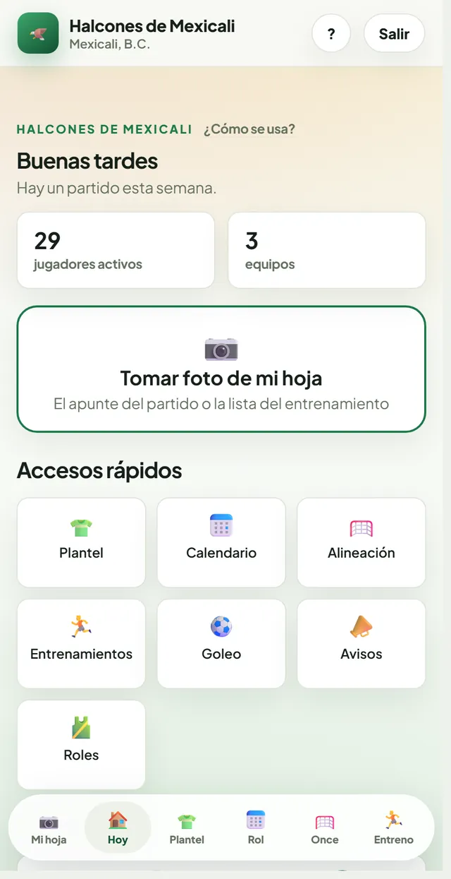 El panel en el celular, sección Hoy, con la barra de secciones abajo