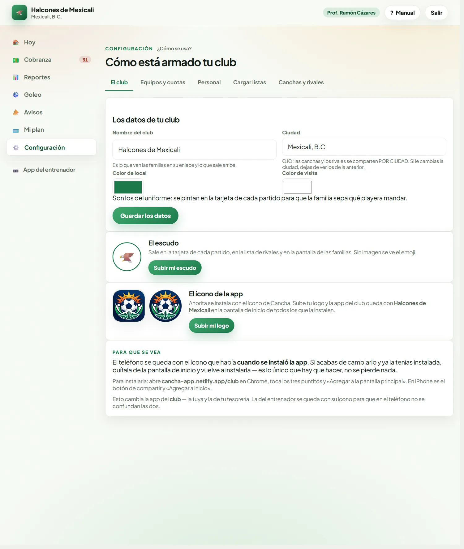 Pestaña El club: nombre, ciudad, colores del uniforme, el escudo y el ícono de la app