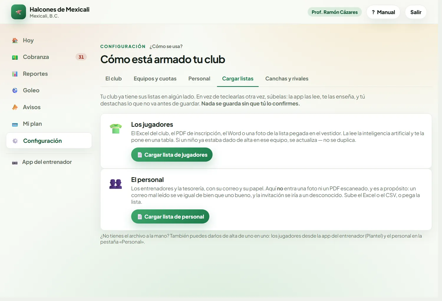 Pestaña Cargar listas, con una tarjeta para los jugadores y otra para el personal