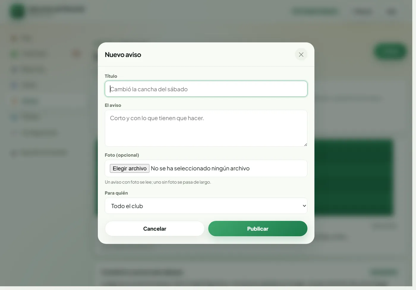 Ventana de nuevo aviso: título, el texto del aviso y para quién