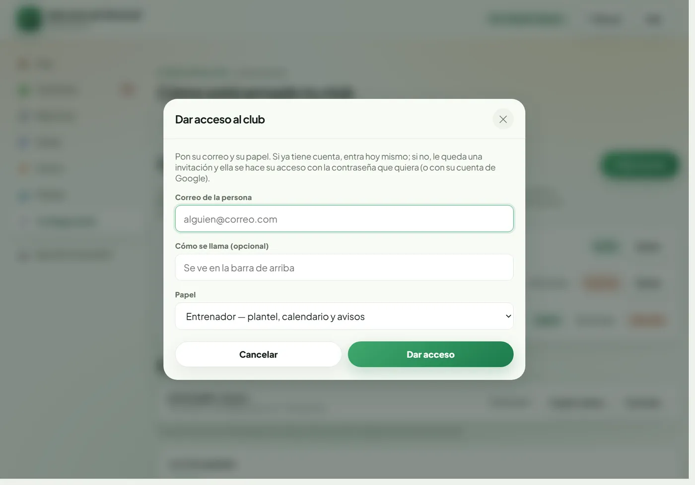 Ventana de dar acceso: correo de la cuenta, cómo se llama y el papel