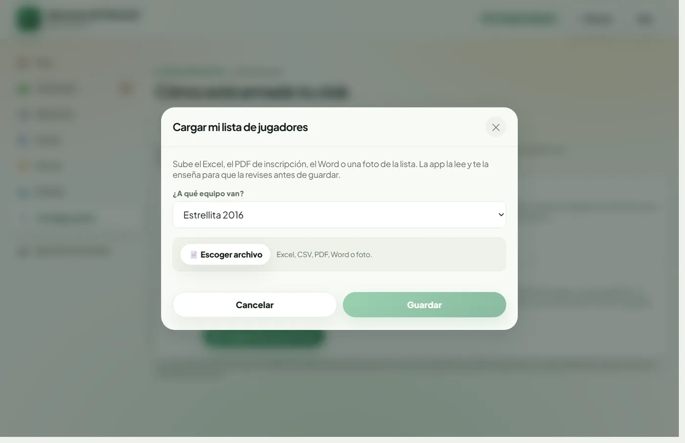 La ventana de cargar la lista de jugadores: escoger equipo y subir el archivo