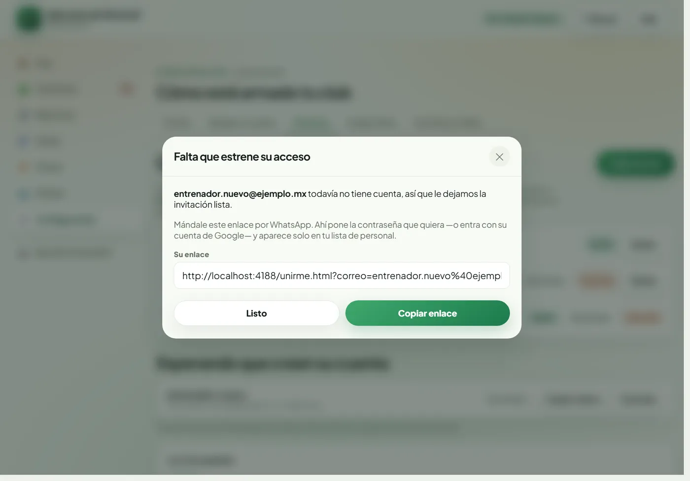Ventana con el enlace para que la persona invitada cree su acceso