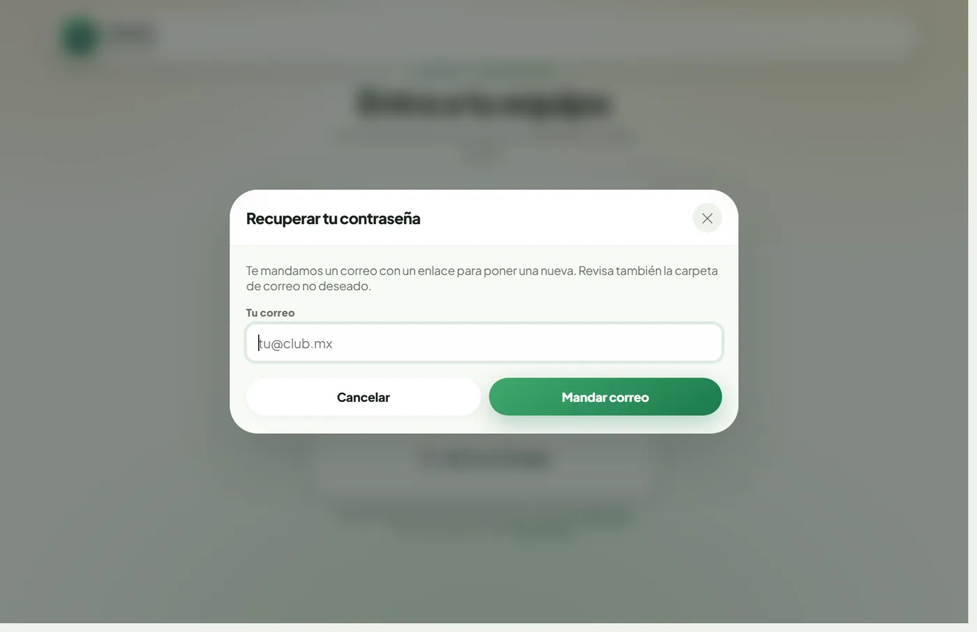 Ventana para recuperar la contraseña: se escribe el correo y se manda