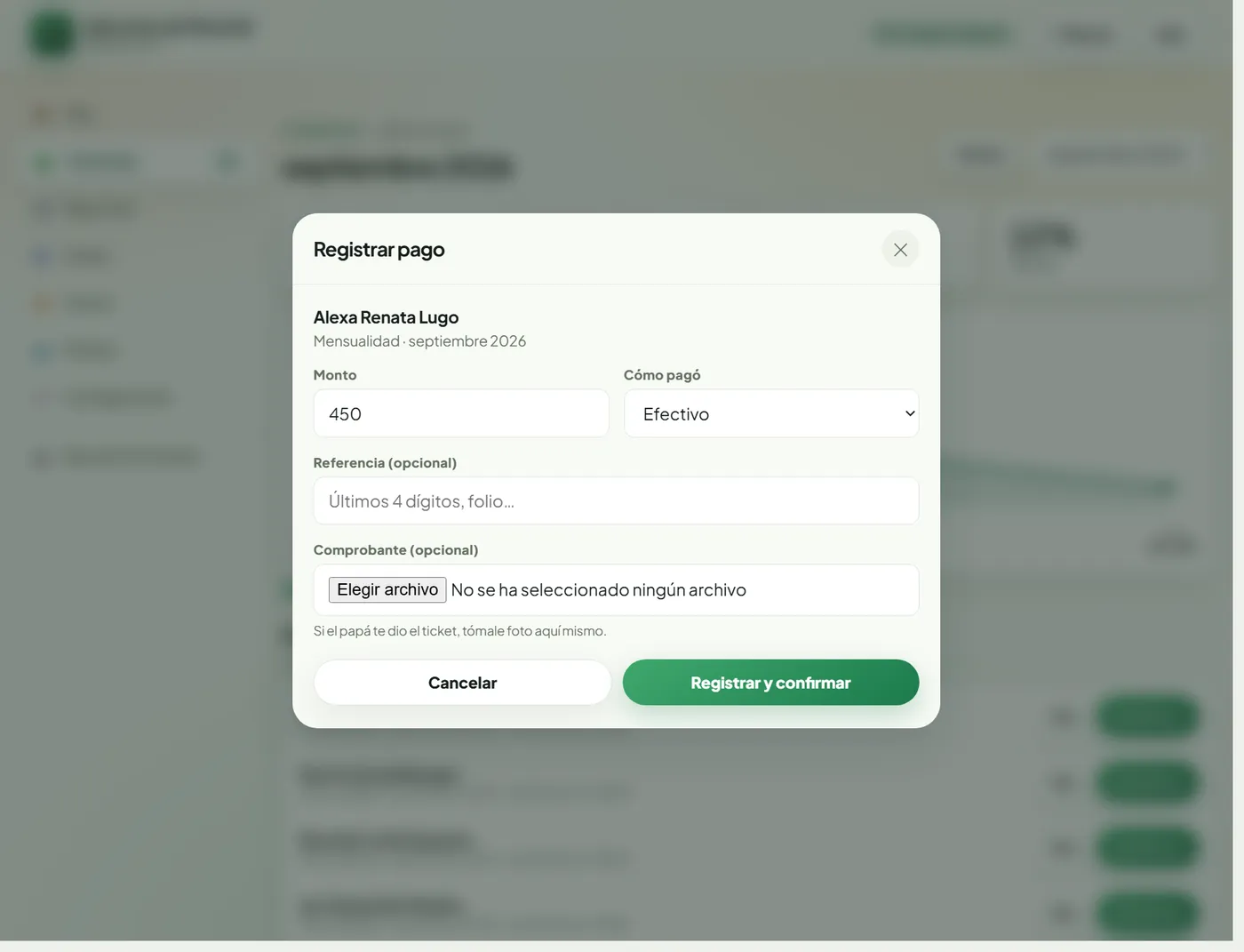 Ventana de registrar pago: monto, cómo pagó, referencia y comprobante opcional