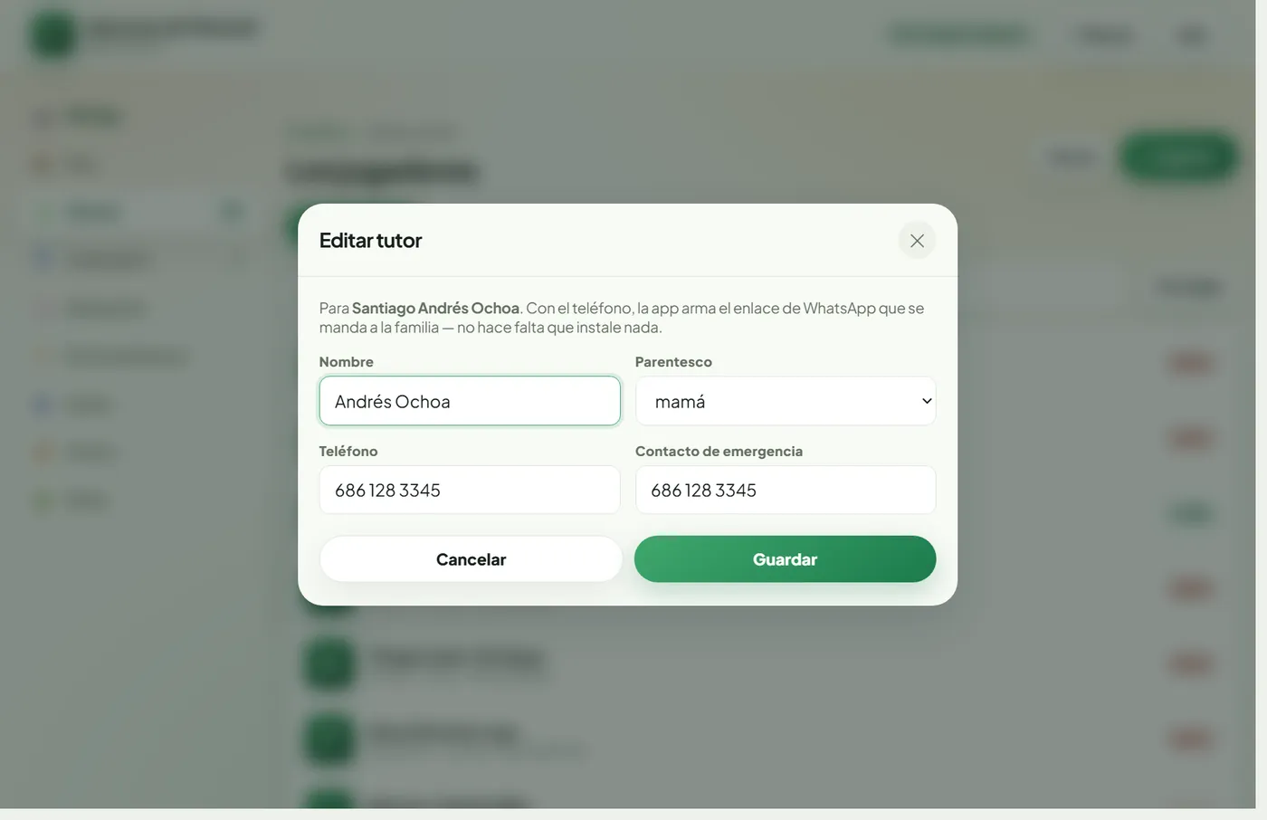 Ventana de tutor: nombre, parentesco, teléfono y contacto de emergencia